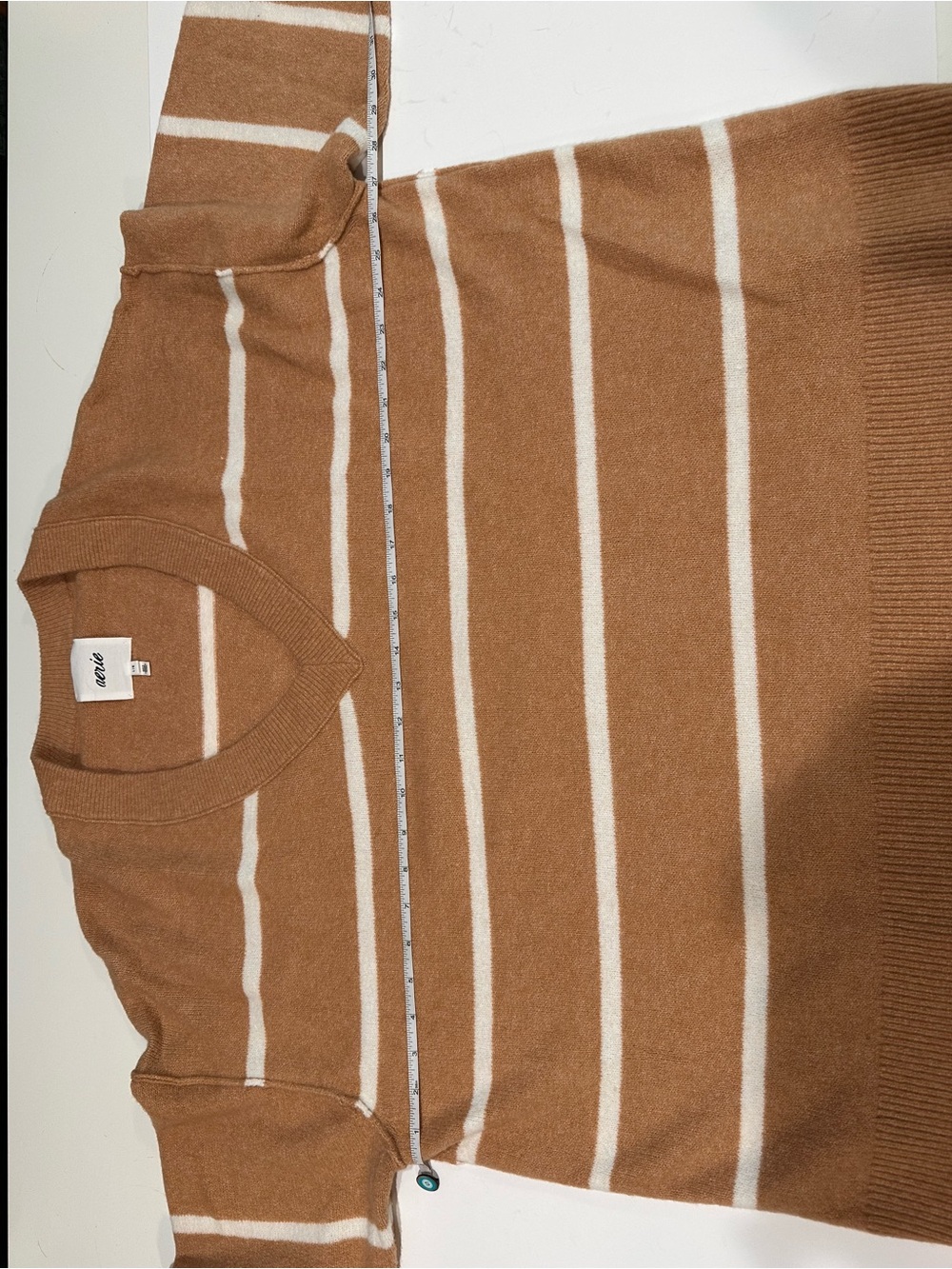 Aerie Oversized V-Neck Striped Sweater Camel White Striped Size L - Picture 8 of 13